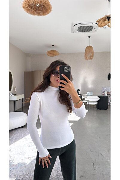 Buket Teke بلوزة بروتيل بياقة واقفة بيضاء