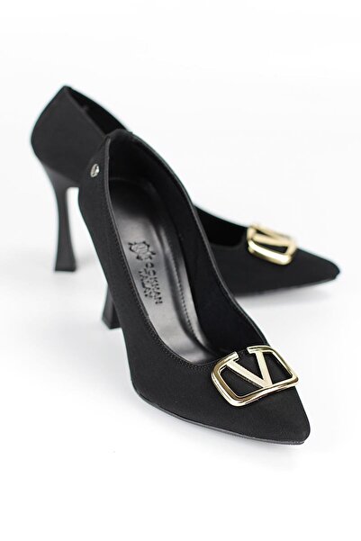 Gökhan Talay Camille Flexible Soft Non-Slip Sole (10 cm) Black Suede V Buckle Women's Heeled Shoes