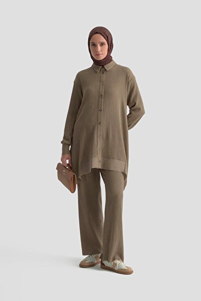 Armine TREND Ribana Detailed Asymmetric Cut Corded Fabric Double Suit with Trousers Camel 25Kt6103