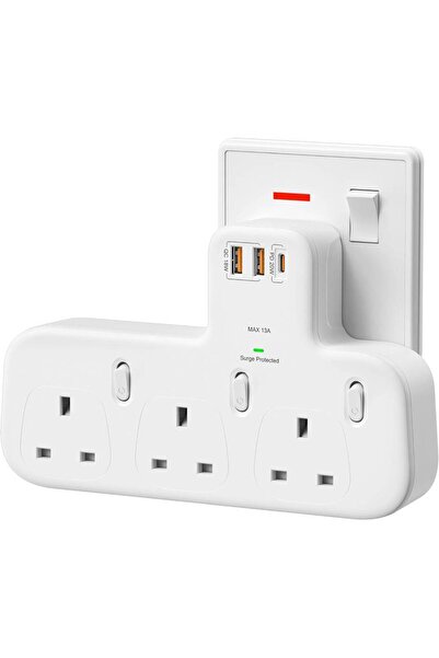 LENCENT قابس تمديد ثلاثي الاتجاهات مع PD 20 واط USB-C و 2 USB-A QC 3.0 (محمي من زيادة التيار، 13 أمبير 3250 واط)