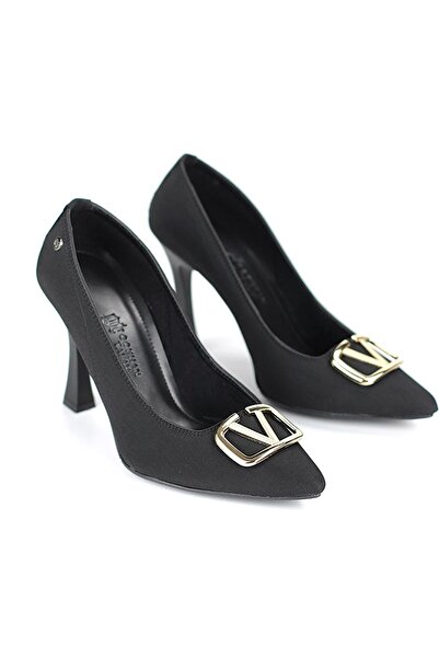 Gökhan Talay Camille Flexible Soft Non-Slip Sole (10 cm) Black Suede V Buckle Women's Heeled Shoes