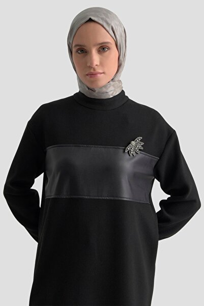 Armine TREND Leather Paneled Brooch Detailed Corded Fabric Tunic Black 25Kt424