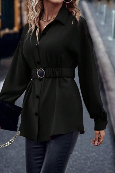 Mossta Imported Crepe Blouse with Collar and Belt Detail - Black
