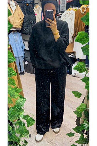 huhu بنطلون رياضي مخملي مرصع بالأحجار