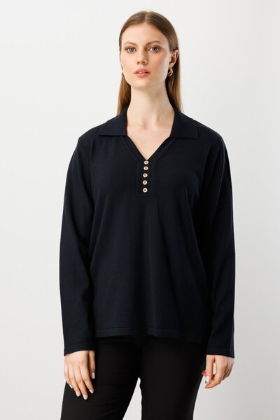 ON TRİKO Pulover tricotat cu guler polo și nasturi decorativi 65333-26k