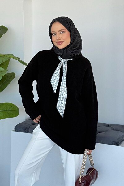 Hazamoda سترة مع وشاح باللون الأسود