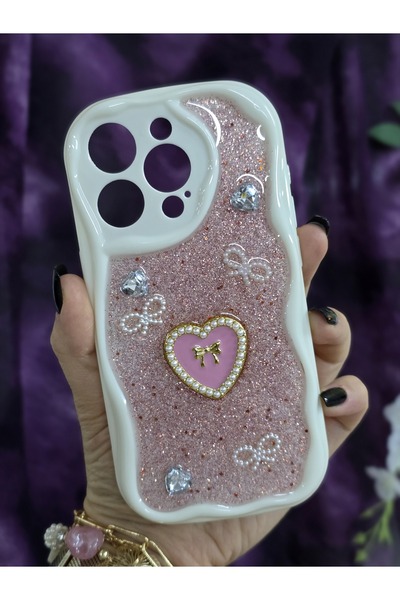 Magic Ring حافظة هاتف أنيقة متوافقة مع آيفون 15 برو مع تفاصيل اللؤلؤ الوردي ا...