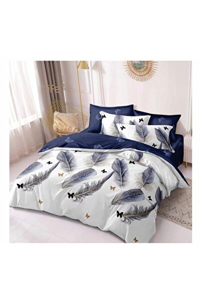 Casa Pucioasa Double bed linen set, thick finet cotton, 6 pieces, blue, feather pattern