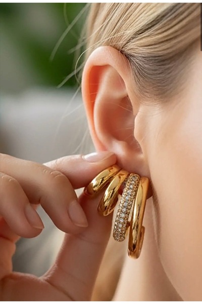 AychaAksesuar Steel Vip Series Single Hole Multi-View Gold Color Zircon Stone Semi-Multi-View Ring Earrings