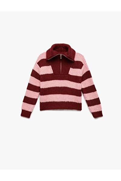 Koton سترة تريكو مخططة بأكمام طويلة وسحاب وياقة نصفية