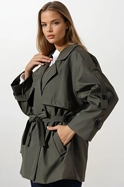 VAGGON Жіночий хакі пояс з деталями, круазе комір, пояс на застібці, тренчкот Vs01665