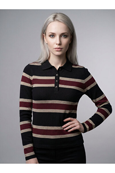 Şiir Chepo Women's Slim Fit Striped Polo Neck Button down Long Sleeve Sweater & Blouse & Top - Black