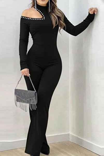 Mossta One Shoulder Turtleneck Stone Imported Crepe Jumpsuit - Black