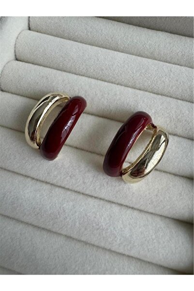 Pelin Aksesuar Bordo Mineli ve Gold Renk İkili Halka Küpe
