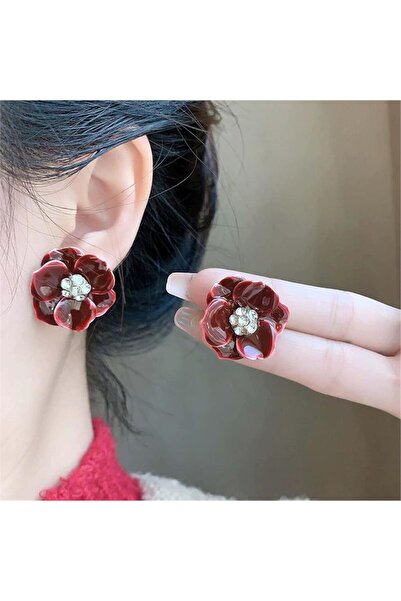 Pelin Aksesuar Bordo Mineli ve Zirkon Taşlı Çiçek Küpe