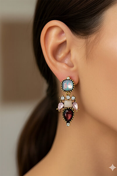 Pelin Aksesuar Etnik Tarzı Renkli Kristal Taşlı Sallantılı Küpe