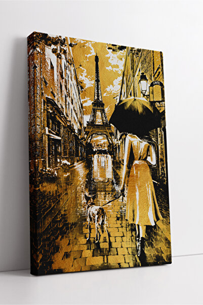 KOSS Dijital Tablou modern pe pânză în ton auriu, cu temă femeie și câine car...