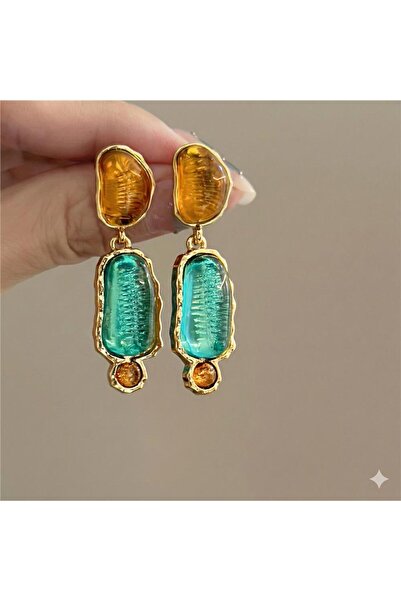 Pelin Aksesuar Turkuaz ve Bal Rengi Dokulu Cam Görünümlü Etnik Sallantılı Küpe