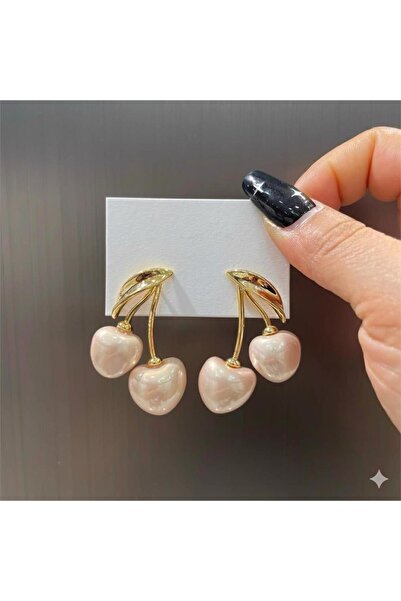 Pelin Aksesuar Pearlescent Powder Color Cherry Figured Dangle Earrings