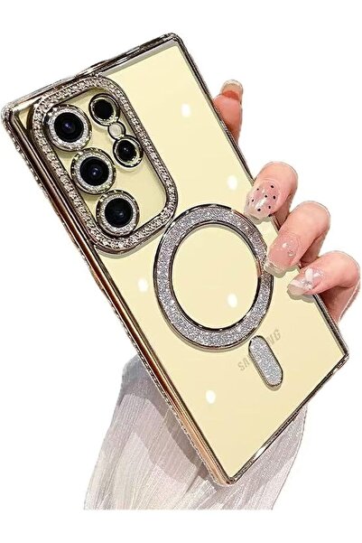 Kipgsm Samsung Galaxy S23 Ultra Uyumlu Kılıf Simli Magsafe Şarj Destekli Kame...