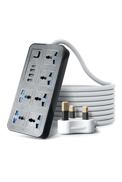 Generic Universal Extension Lead UK Plug 6-Gang Power Strip with 3 USB + Type-C, 1.8m