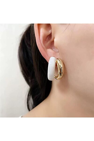 Pelin Aksesuar Beyaz Mineli ve Gold Renk İkili Halka Küpe