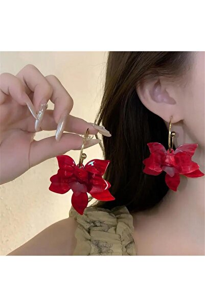Pelin Aksesuar Red Acrylic Orchid Flower Big Hoop Earrings