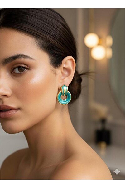 Pelin Aksesuar Green Circle Steel Earrings
