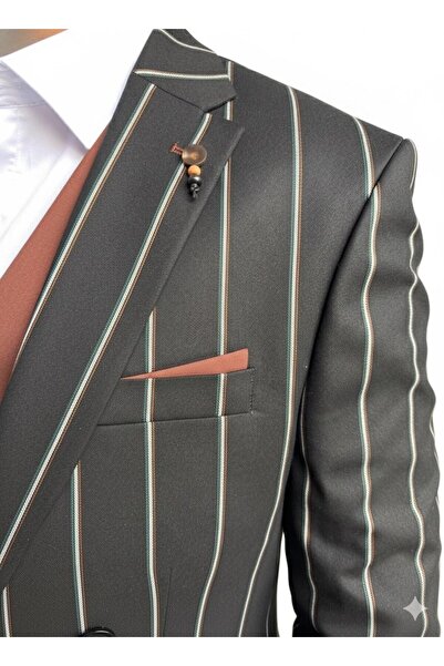 Plus Scorpion Men's Striped Suit 3-Piece Set – Jacket + Vest + Pants – Slim Fit Italian Style