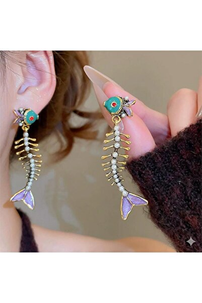 Pelin Aksesuar Yeşil Başlı Mor Kuyruklu Eklemli Balık Kılçığı Küpe