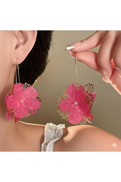 Pelin Aksesuar Fuchsia Pink Tulle Detailed Large Flower Earrings