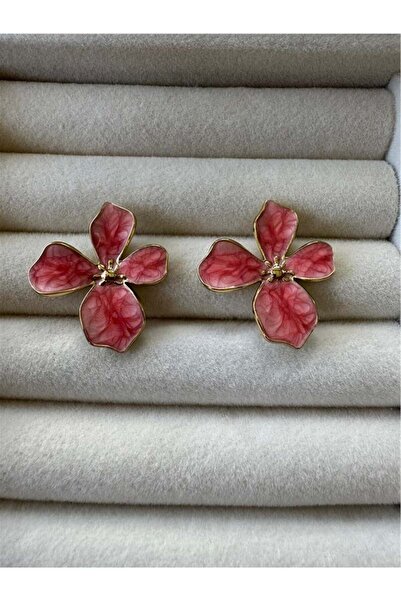 Pelin Aksesuar Pink Flower Steel Earrings