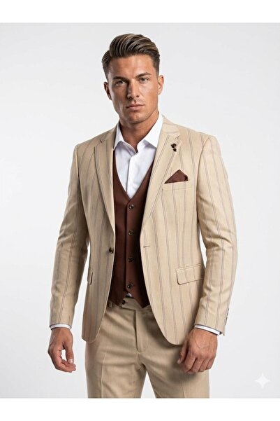 Plus Scorpion Men's Striped Suit 3-Piece Set – Jacket + Vest + Pants – Slim Fit Italian Style