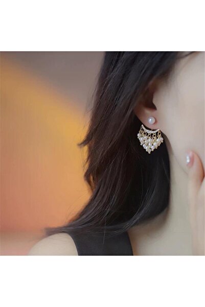 Pelin Aksesuar Pearl Tassel and Stone Half Moon Design Gold Earrings (Ear Jacket)