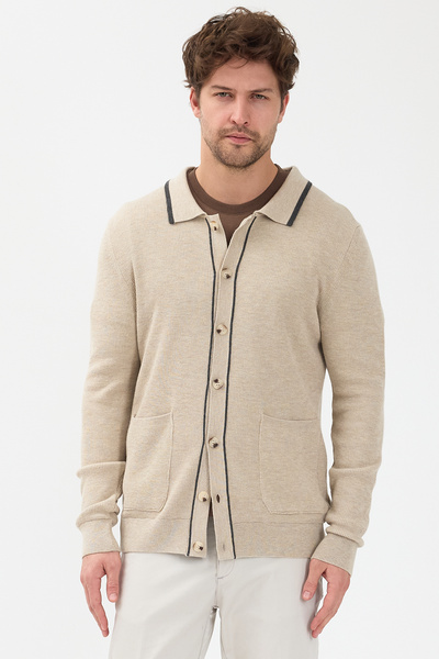 Frappoli Loix Men's Beige Cotton Blend Thessaloniki Knitted Cardigan with Pocket Pockets