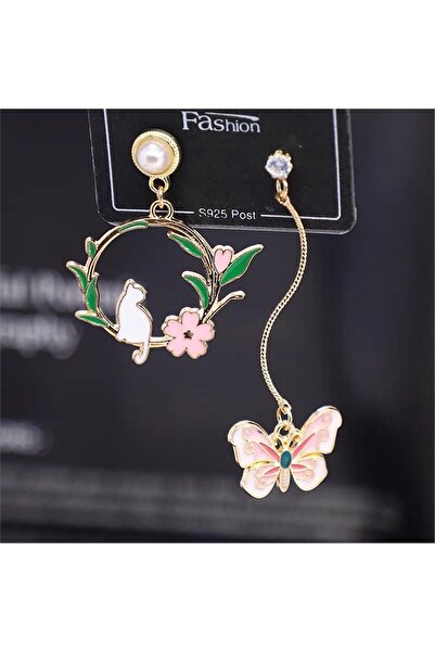 Pelin Aksesuar حلقة قطة بيضاء غير متماثلة وأقراط فراشة وردية متدلية