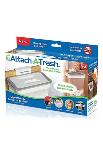 Generic Hanging trash bag holder, screwless, white plastic holder for kitchen and bathroom, attaches to drawers and cabinets