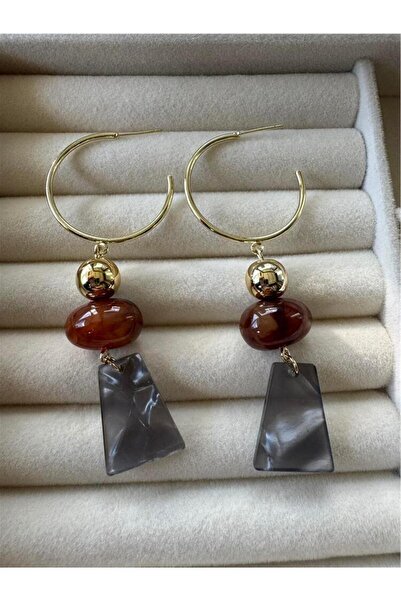 Pelin Aksesuar Gri Kahverengi Boncuklu Sallantılı Halka Küpe