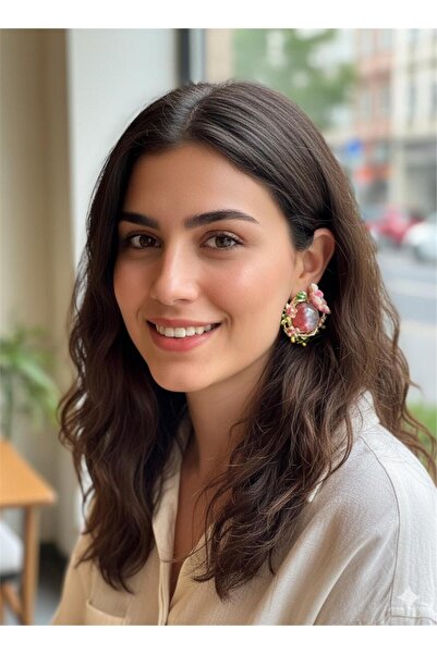 Pelin Aksesuar Pembe Çiçekli Taşlı Küpe