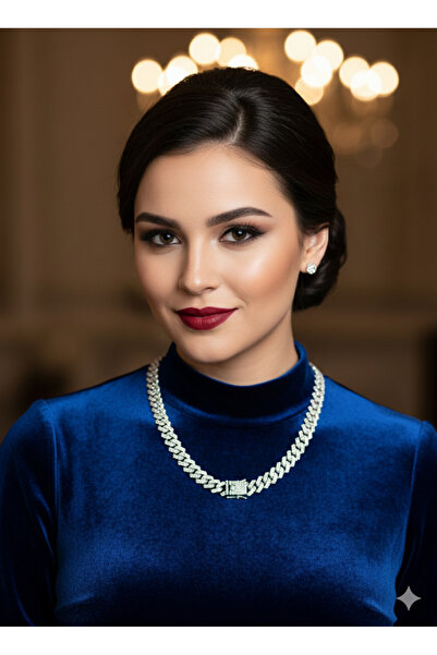 Çelik Gümüş Renk Zirkon Taşlı Küba Zincir Kolye - Işıltılı Lüks Gerdanlık unisex