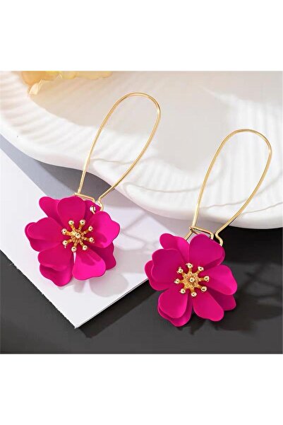 Pelin Aksesuar Fuşya Pembe Mat Yapraklı Büyük Çiçek Uzun Kancalı Küpe