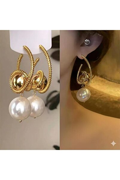 Pelin Aksesuar تصميم قوس ذهبي ملتوي وأقراط متدلية من اللؤلؤ الكبير