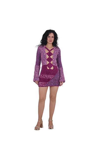 Craft By Mine El Yapımı Karışık Desenli Mürdüm Cut Out Mini Elbise – Örgü Tas...