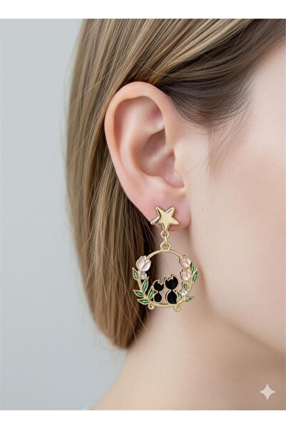 Pelin Aksesuar Yıldız Çivili Lale Bahçesindeki Aşık Siyah Kediler Küpesi