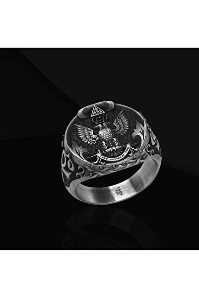 Frey Jewellery 925 Ayar Çift Başlı Kartal Gümüş Mason Yüzük