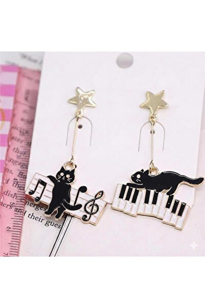Pelin Aksesuar Black Cat Walking on Piano Keys and Music Notes Earring Set