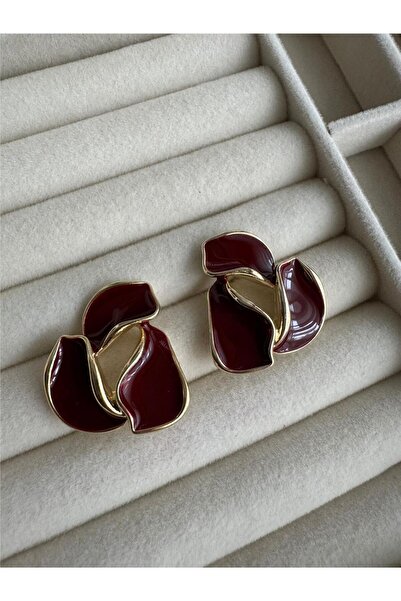 Pelin Aksesuar أقراط على شكل أوراق الشجر بإطار ذهبي من المينا باللون العنابي