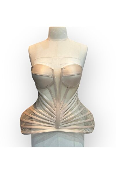 MODA Bej Transparan Kafes Peplum Balenli Korse bağcıklı