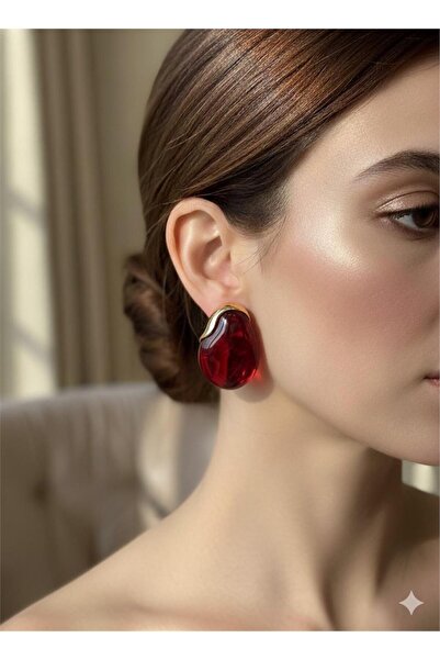 Pelin Aksesuar Kırmızı Alacalı Taşlı Damla Küpe