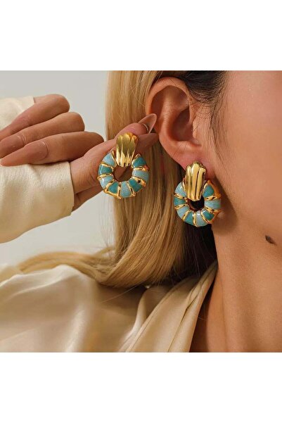 Pelin Aksesuar Blue Striped Circle Steel Earrings